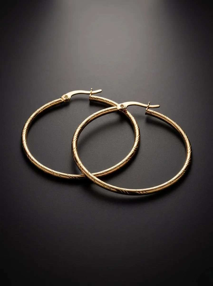 Aretes Aureola de Arcano: argollas finas doradas con superficie grabada
