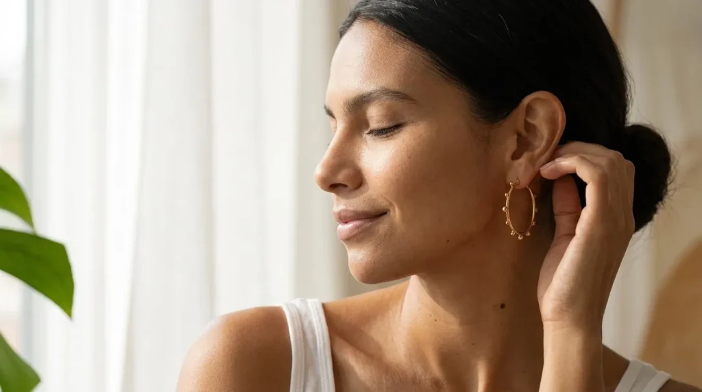Perfil de mujer con argollas finas doradas junto a una ventana
