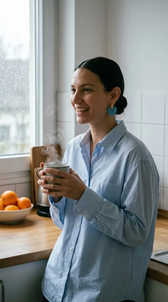 Mujer sonriente en una cocina con aretes de corazón celeste