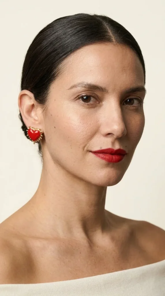 Mujer de labios rojos con aretes de corazón rojo y borde de gotas doradas