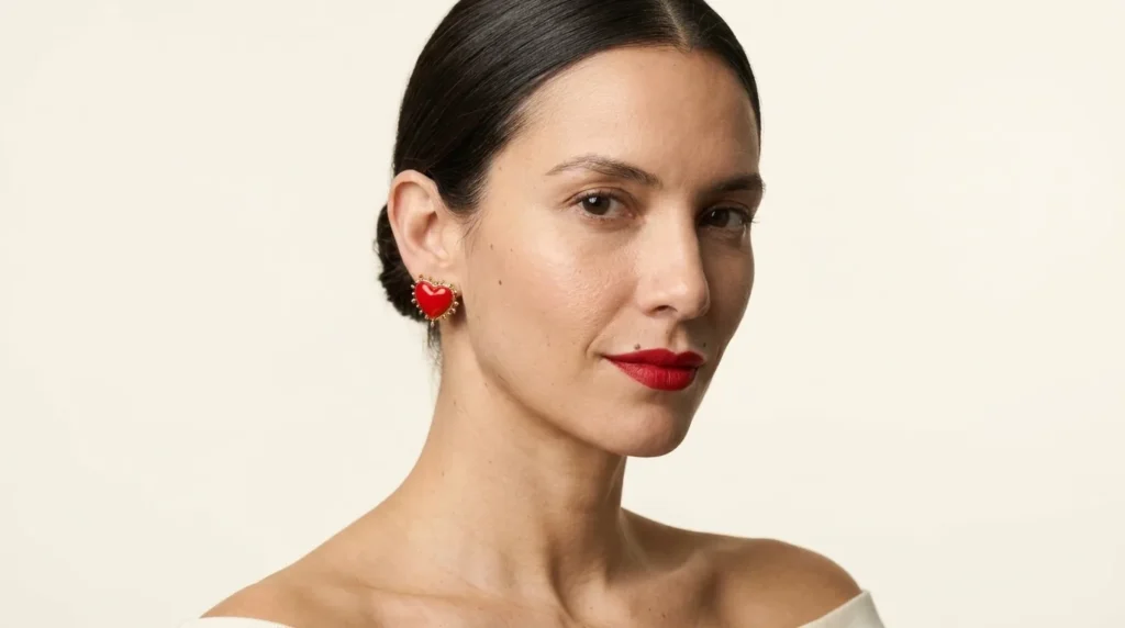 Retrato de mujer con aretes de corazón rojo y borde dorado