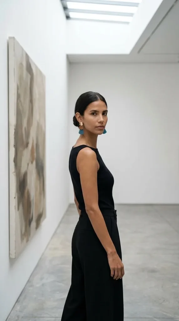 Mujer en una galería de arte con aretes geométricos en cascada dorado, terracota y azul