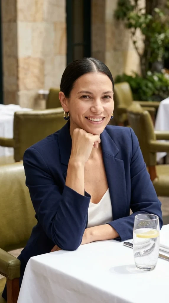 Mujer con blazer azul sonriendo en un almuerzo con argollas gruesas azul índigo