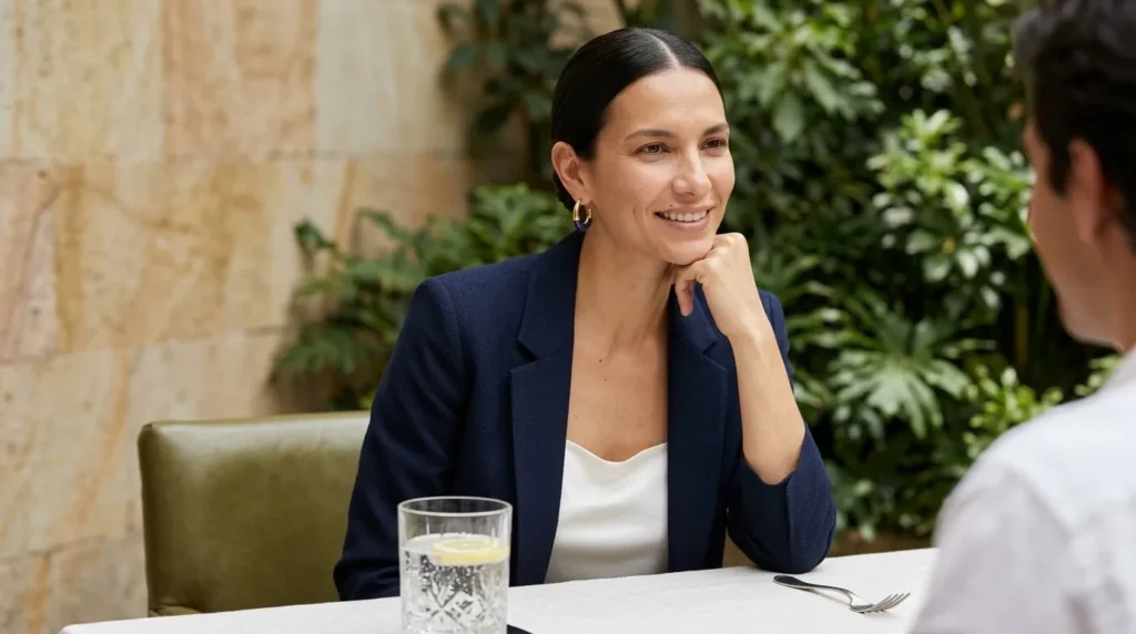 Mujer sonriente en un restaurante con argollas gruesas azul índigo y dorado