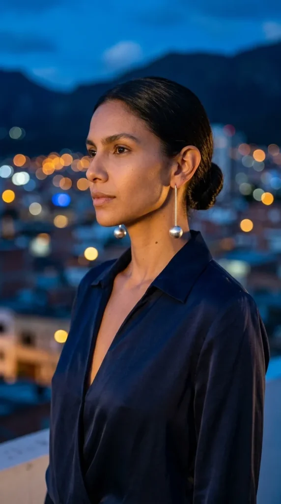 Mujer de noche en una azotea con aretes largos plateados de esfera
