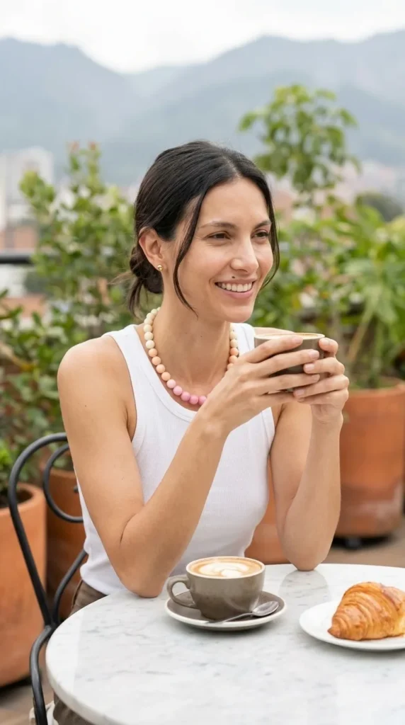 Mujer en una terraza con collar de cuentas en tonos pastel durante un brunch