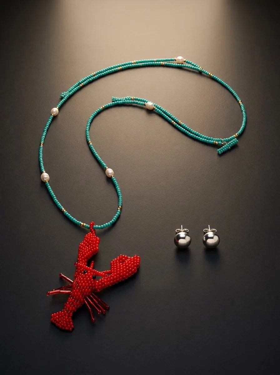 Set Bestiario Langosta de Arcano: langosta roja tejida en mostacilla checa sobre cadena de cuentas turquesa con perlas