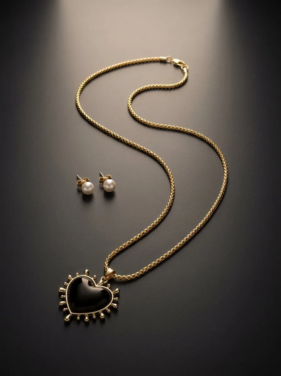 Set Corazón de Obsidiana de Arcano: corazón en resina negra con rayos dorados sobre cadena trenzada