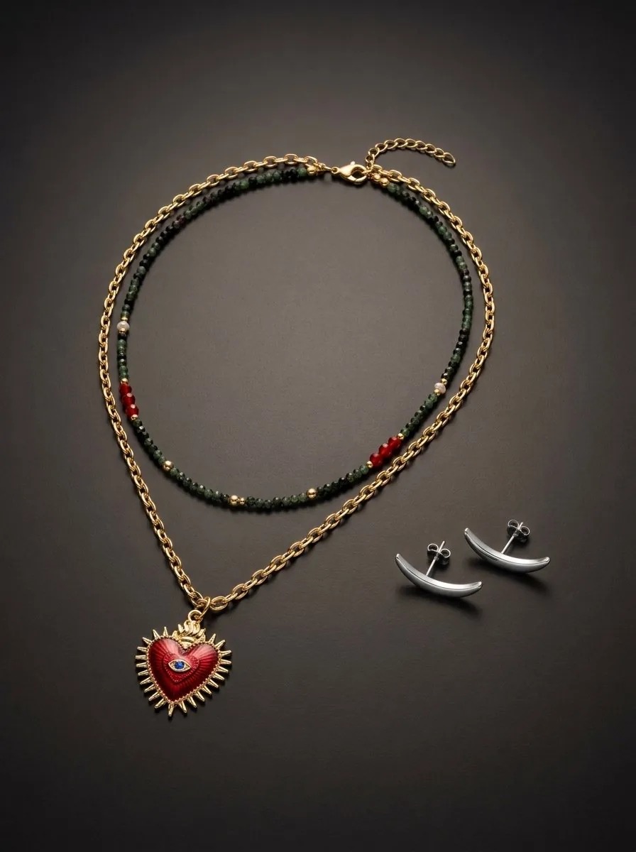 Set Corazón Sagrado en resina roja con baño de oro