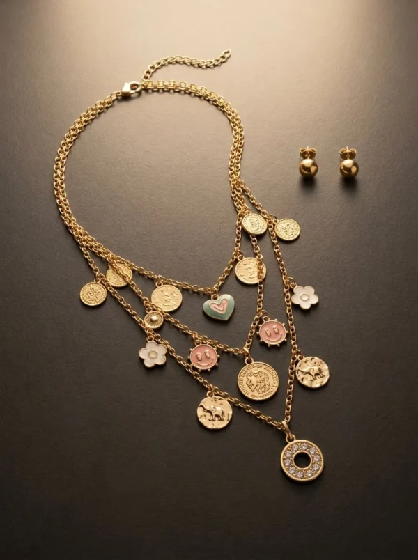 Set Numen de Arcano: tres cadenas doradas con medallas, monedas y dijes de flores en resina