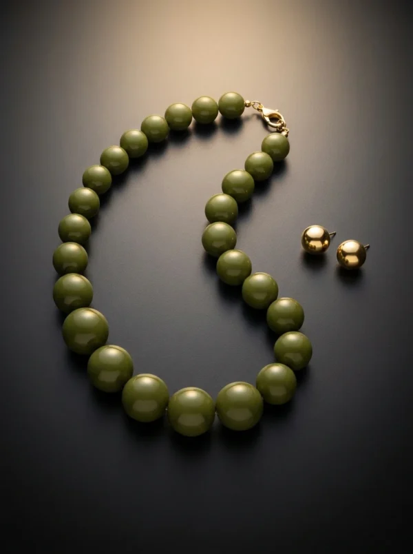 Set Olivo Sagrado de Arcano: collar de cuentas verde oliva con cierre dorado y aretes de esfera dorada