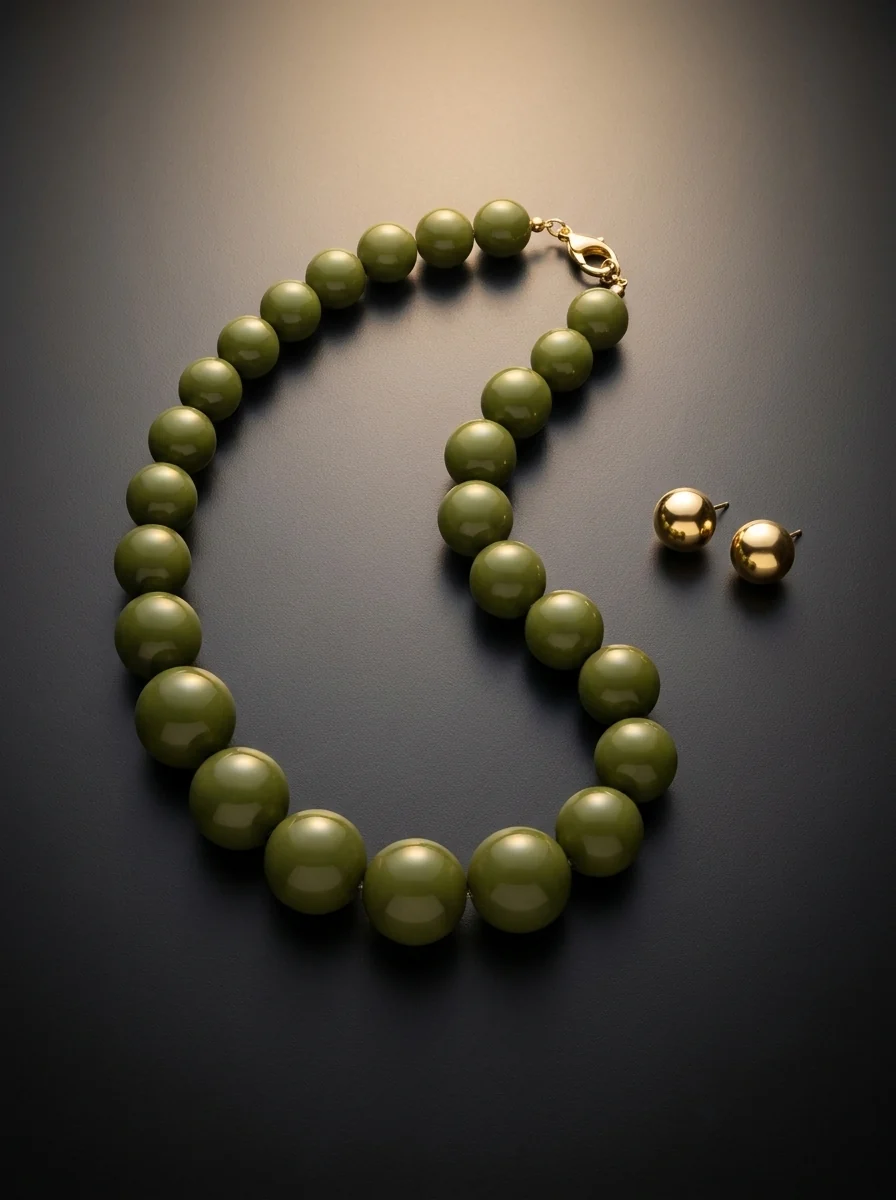 Set Olivo Sagrado: collar de cuentas grandes verde oliva con aretes dorados