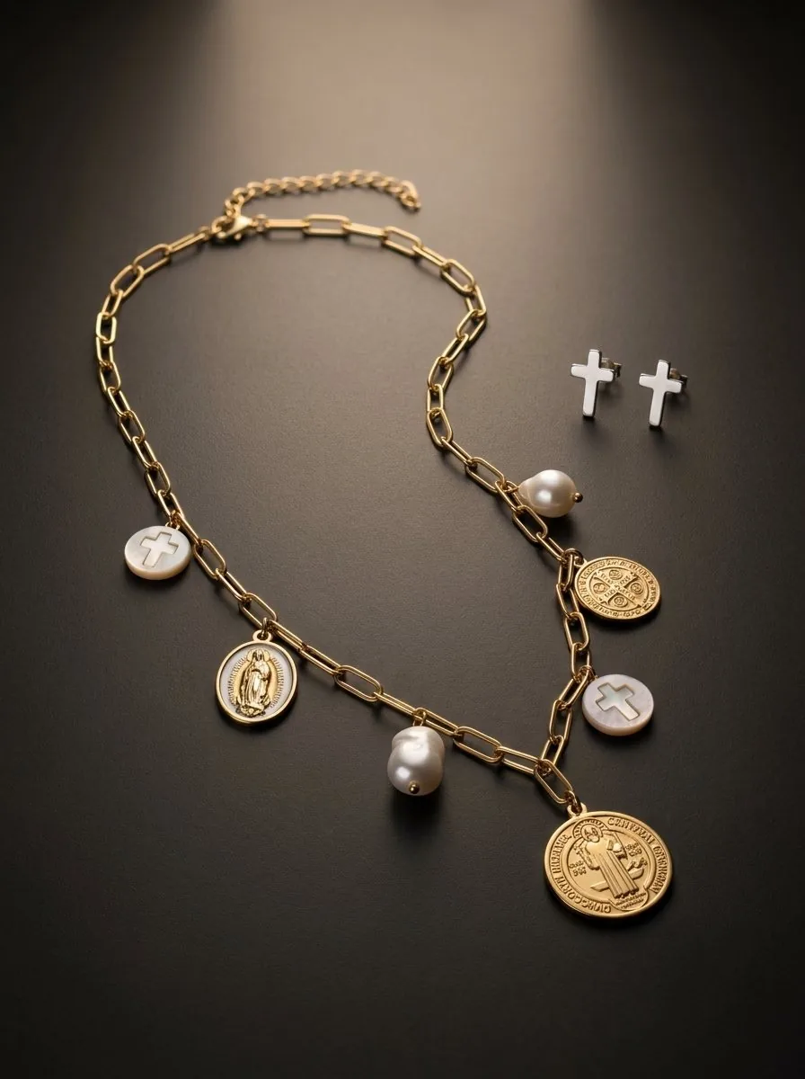 Set Reliquia de Arcano: cadena de eslabones dorados con medallas de San Benito y perlas barrocas