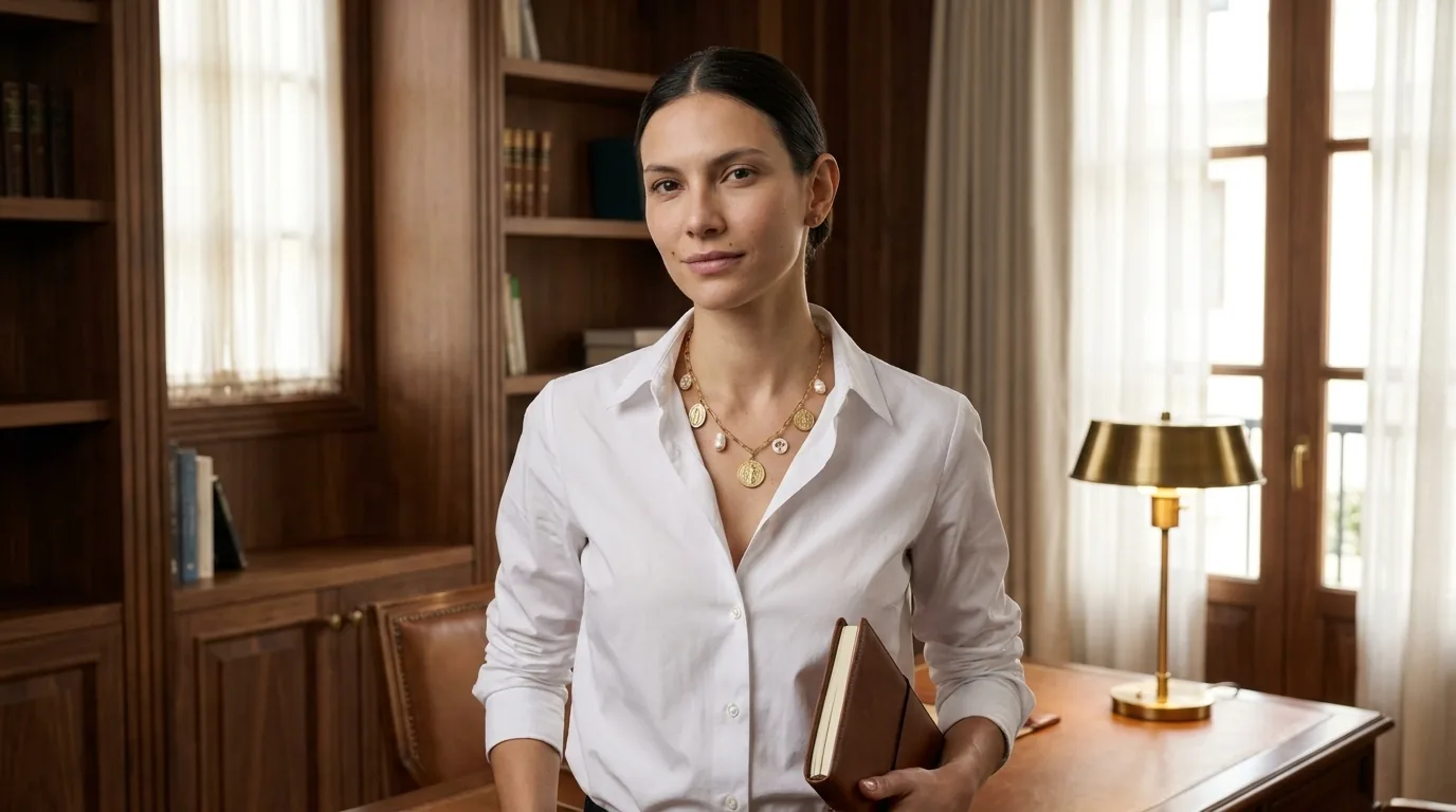 Mujer en una biblioteca con collar de medallas doradas y perlas barrocas