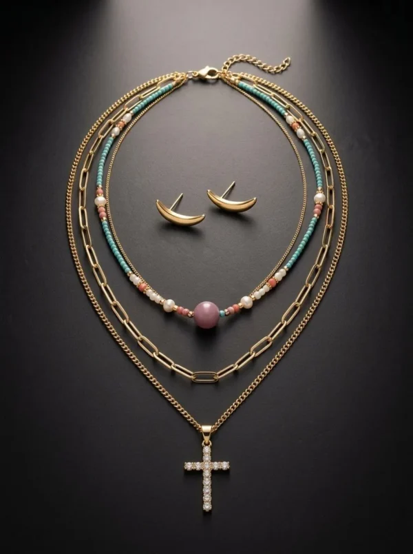 Set Trinidad de Arcano: collar de tres vueltas con cuentas de color, cadena de eslabones y cruz de cristales dorada