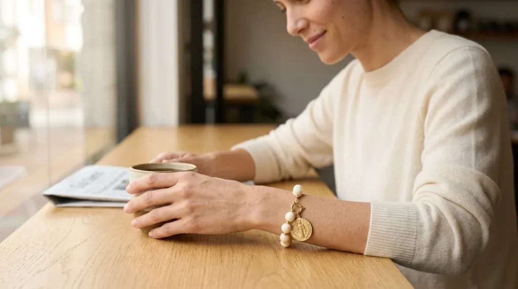 Mano de mujer con pulsera de cuentas marfil y medalla de San Benito junto a una taza de café