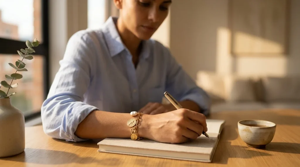 Mano de mujer con pulsera dorada de medallas en luz de tarde