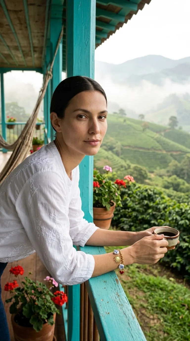 Mujer en una finca cafetera con pulsera dorada de dije de sol y flores de porcelana