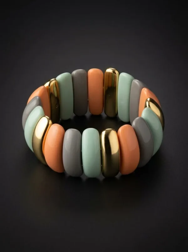 Pulsera Vitral de Arcano: pulsera elástica de piezas alargadas en menta, gris, durazno y dorado