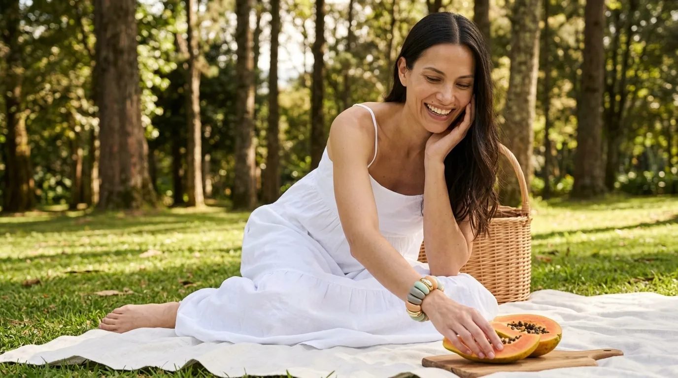 Mujer en un picnic con pulsera elástica de piezas en menta, durazno y dorado