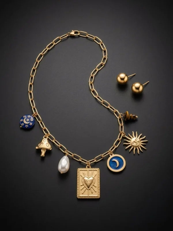 Set Presagio de Arcano: collar de eslabones dorados con dijes de sol, luna, ojo y corazón, con aretes de esfera