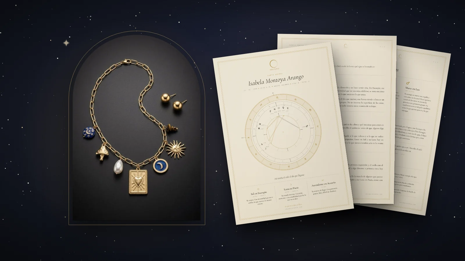 Carta astral de regalo impresa en tres páginas junto al collar Set Presagio de Arcano